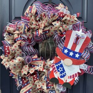 Patriotic Gnome Wreath with Red, White, and Blue Accents